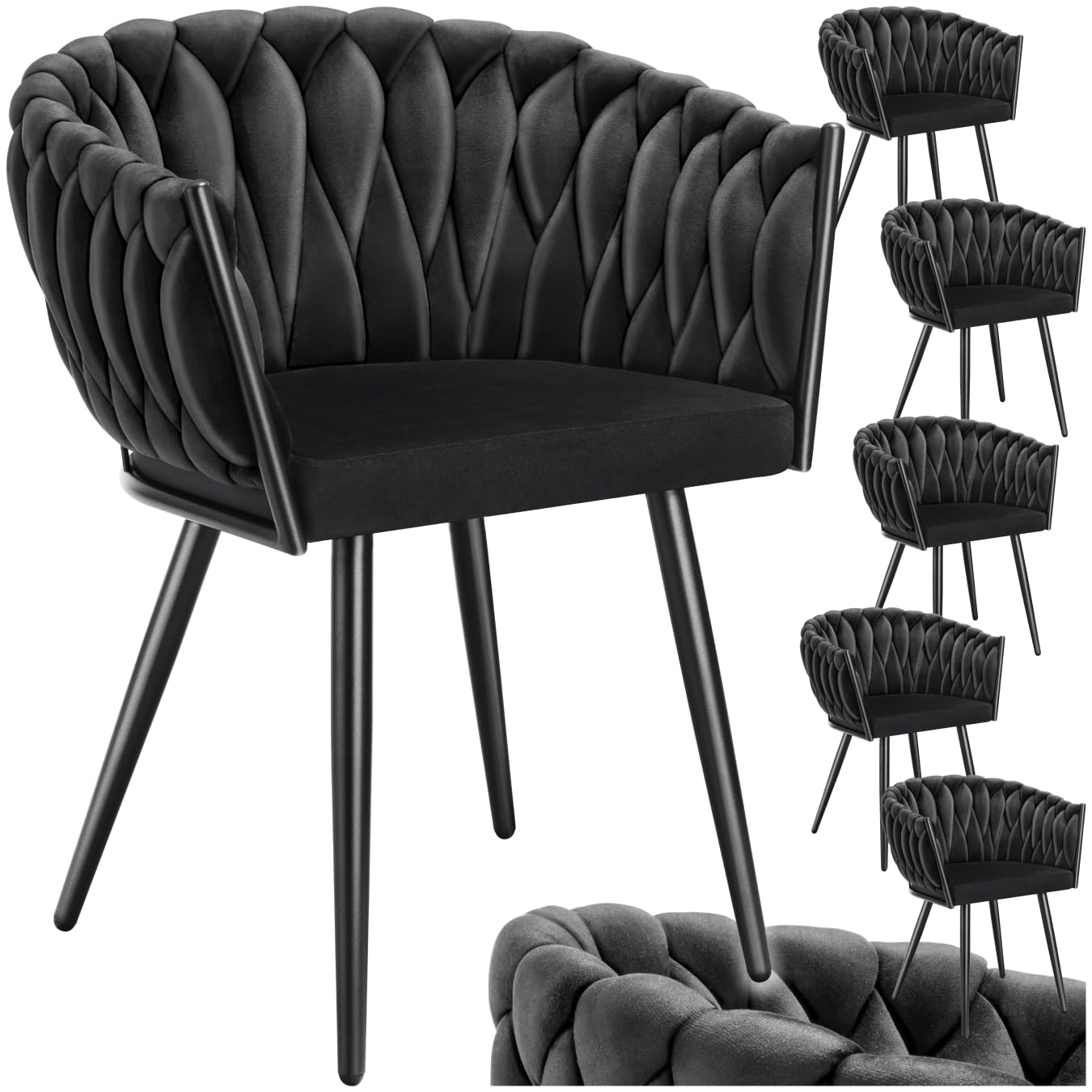 tectake® Samt Stuhl, Schalenstuhl mit Armlehne in Knoten Optik, Esszimmerstühle, Sessel modern für Wohnzimmer, Esszimmer, als Küchenstühle, für Schminktisch, Dining Chair Set - schwarz, 6er Set