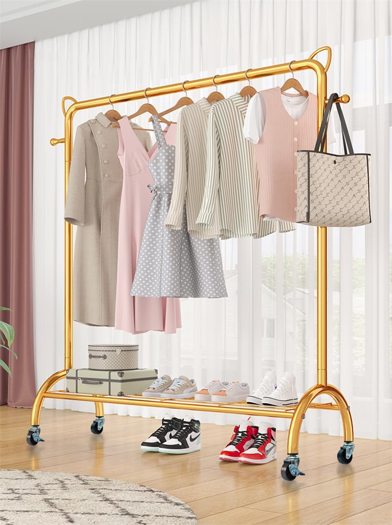 Lukzer Gold Cloth Stand with Bottom Shelves & Wheels – Multi-Purpose Metal Cloth Rack for Hanging Clothes, Coats, Hats – DIY Cloth Hanger (148 x 120 x 38 cm) (B0CFTTCZ37) Amazon Price History, Amazon Price Tracker
