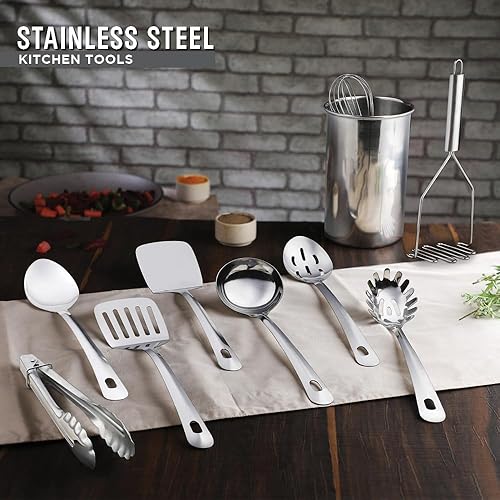 Miniatura 6 de Avador Juego de 10 herramientas de cocina de acero inoxidable con soporte fácil de limpiar, ahorro de espacio, ideal para cocinar, hornear, preparar