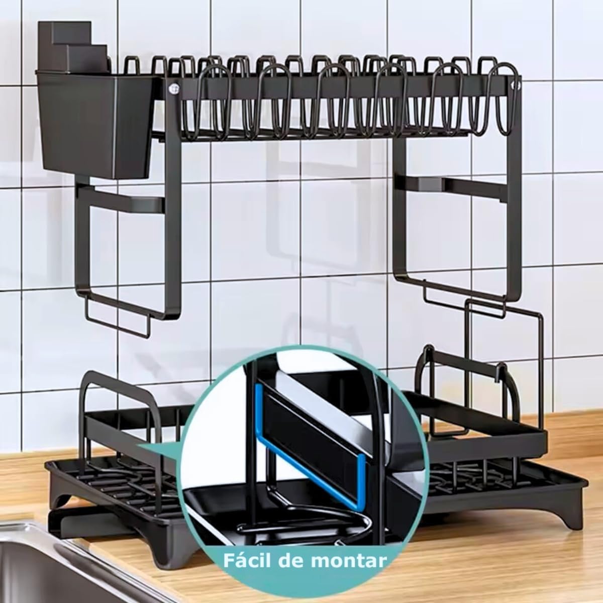 Escorredor de Louça Completo em Aço Carbono Organizador Escorredor de Pratos Inox, Suporte para Talheres, Copos, Tábuas, Facas e Bandeja de Drenagem de Água