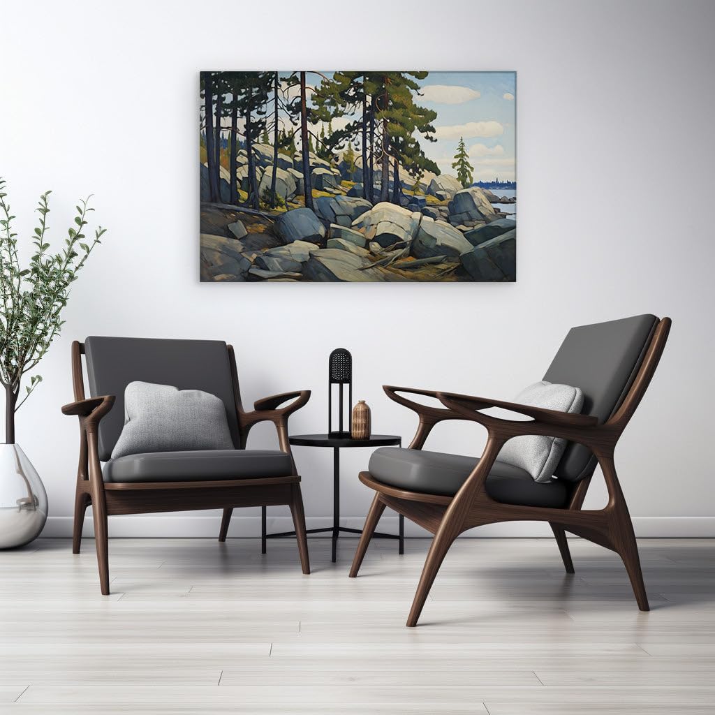 Canvas for Living room. Tranquility on Canvas: An Impressionistic Journey along a Pine-Studded Shoreline, 27 x 18 inch Canvas Wall Art - Contemporary Masterpieces - Modern Home Decor