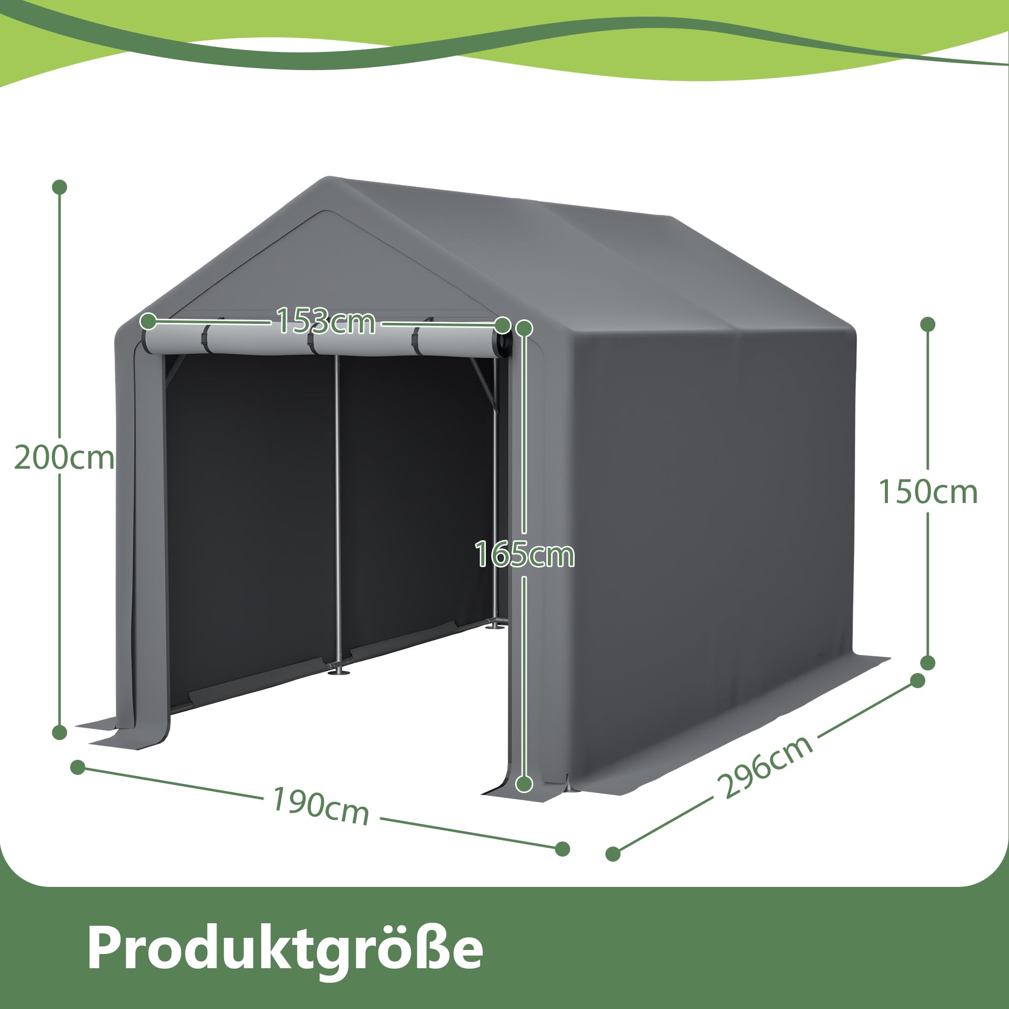 190x296x200cm Fahrradgarage Abri, Wetterfester Garten-Schutzhülle mit Reißverschluss & Erdnägel, UV- & Wasserdicht Abri für Fahrräder, Rasenmäher & Gartengeräte, Grau