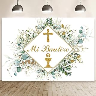 AIBIIN Greenery Mi Bautizo Backdrop Gold and Green Eucalyptus Leaves Baptism Background for Phtotgraphy First Holy Square Geometric Communion Christening Decoration Vinyl 7x5ft Cake Smash Photo Studio
