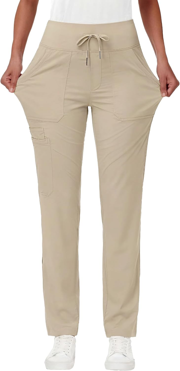 MIVEI High Waisted Yoga Scrub Pants Women - Slim Fit Tapered Ankle Uniform Pant with 7 Pockets Stretch Drawstring Medical