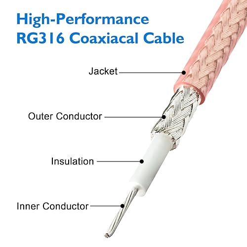Miniatura 3 de BNC macho a SMA macho Conectores 3.28 pies (3.3 ft) RG316 Cable coaxial de baja pérdida 50ohm BNC a SMA Macho Adaptador para