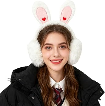JIAHG Women Girls Lovely Bunny Earmuffs Winter Warm Plush Foldable Soft Faux Fur Ear Warmer Adjustable Cold Weather Ear Muffs