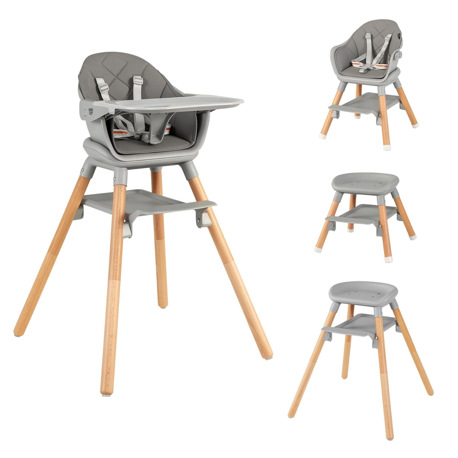 honey joy baby high chair, 6 in 1 convertible wooden highchair for babies and toddlers/chair/bar stool, removable double tray & reversible footrest, safety harness for infant boys girls (dark gray)