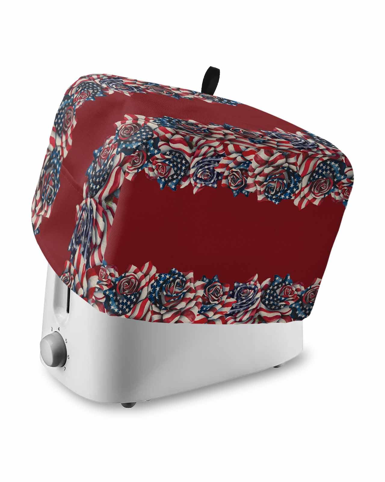 Independence Day Toaster Cover 2 Slice, Red Patriotic America Flag Flowers Dustproof Bread Machine Oven Cover with Storage Pockets, Fits Most Kitchen Toasters Protector