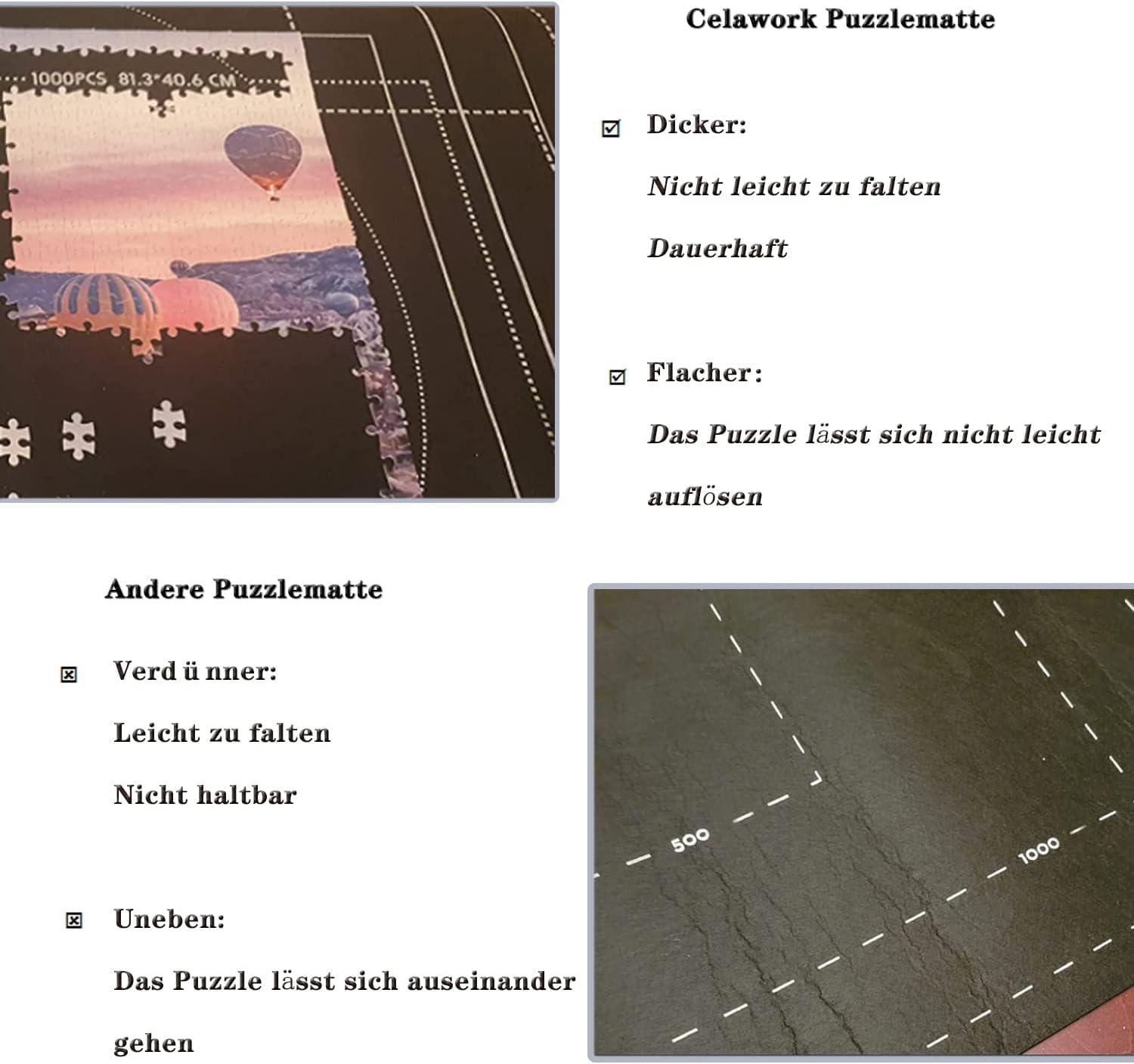 Celawork Mata puzzli do BIS 200, 500, 1000 elementów - podkładka pod puzzle, mata rolowana do przechowywania (czarna, do 1000)