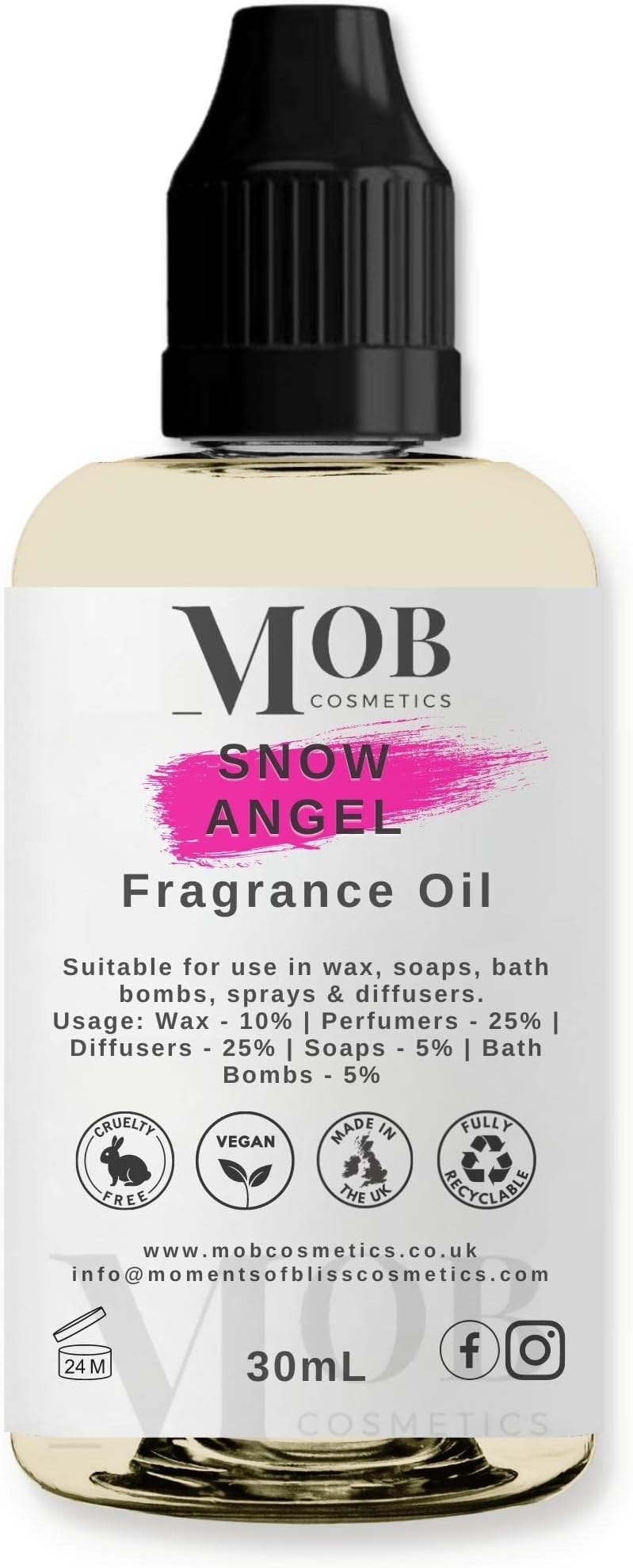 Snow Angel Fragrance Oil 30ml | Luxury and Designer Scents | Highly Concentrated | Perfect for Candles, Soaps, Bath Bombs, Diffusers, Wax Melts | UK Made | Vegan (Snow Angel, 30ml)