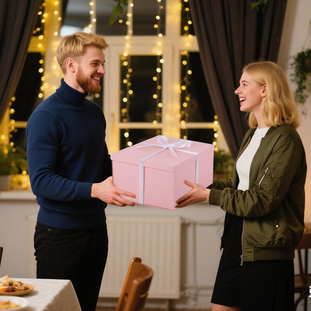 UoeRing Confezione da 2 scatole regalo grandi, 33 x 33 x 17 cm, per bomboniere nuziali, set di confezioni regalo di Natale con nastri e biglietti (rosa)