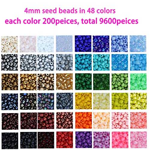 8600 Pcs 4Mm 6/0 48 Colors Glass Seed Beads, Charms Bracelet Jewelry Making Beads Kit Gifts Small Craft Glass Beads With Beading Elastic String For Bracelets Earrings Necklaces Making（48 Colors） #TOP1