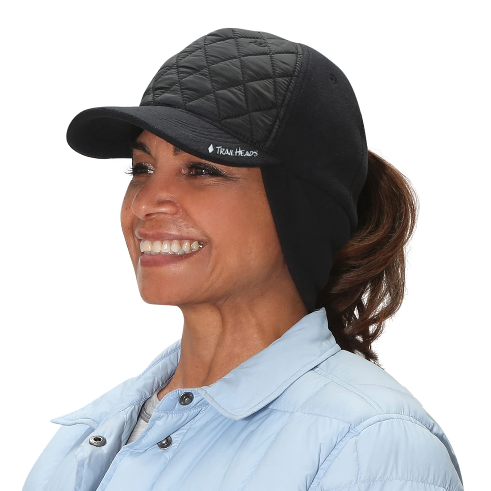 Women's Winter Ponytail Hat | Trucker Hat with Drop Down Ear Warmers