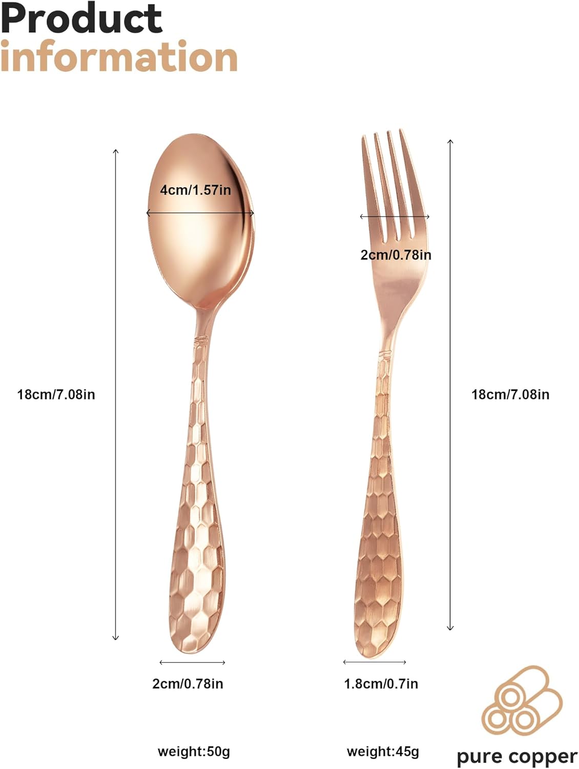 Copper Spoons & Forks Set - 99% Pure Copper - Heavy Duty Kitchen & Salad Hammered Forks - Elegant Cutlery For Restaurant, Home Dining