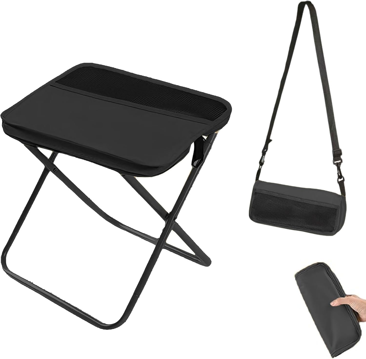 Collapsible Stool Folding Stool for Adults, Foldable Backpack Stool Portable Chair Heavy Duty Compact Travel Camping Stool with Storage Pocket, Portable Folding Seat for Fishing Hiking (Black, L)