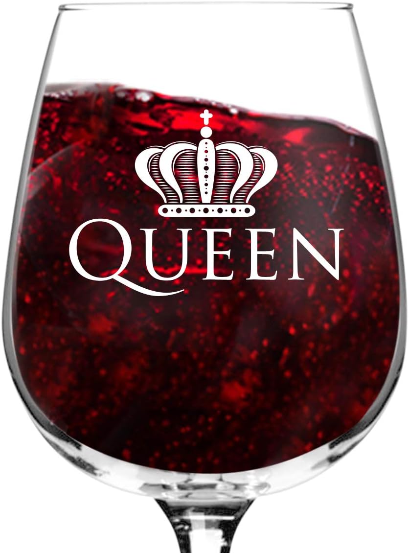 DU VINO Queen Funny Novelty Wine Glass - 12.75 oz. - Humorous Present for Mom, Women, Friends, or Her - Bridal Shower, Engagement or Wedding Favor - Made in USA
