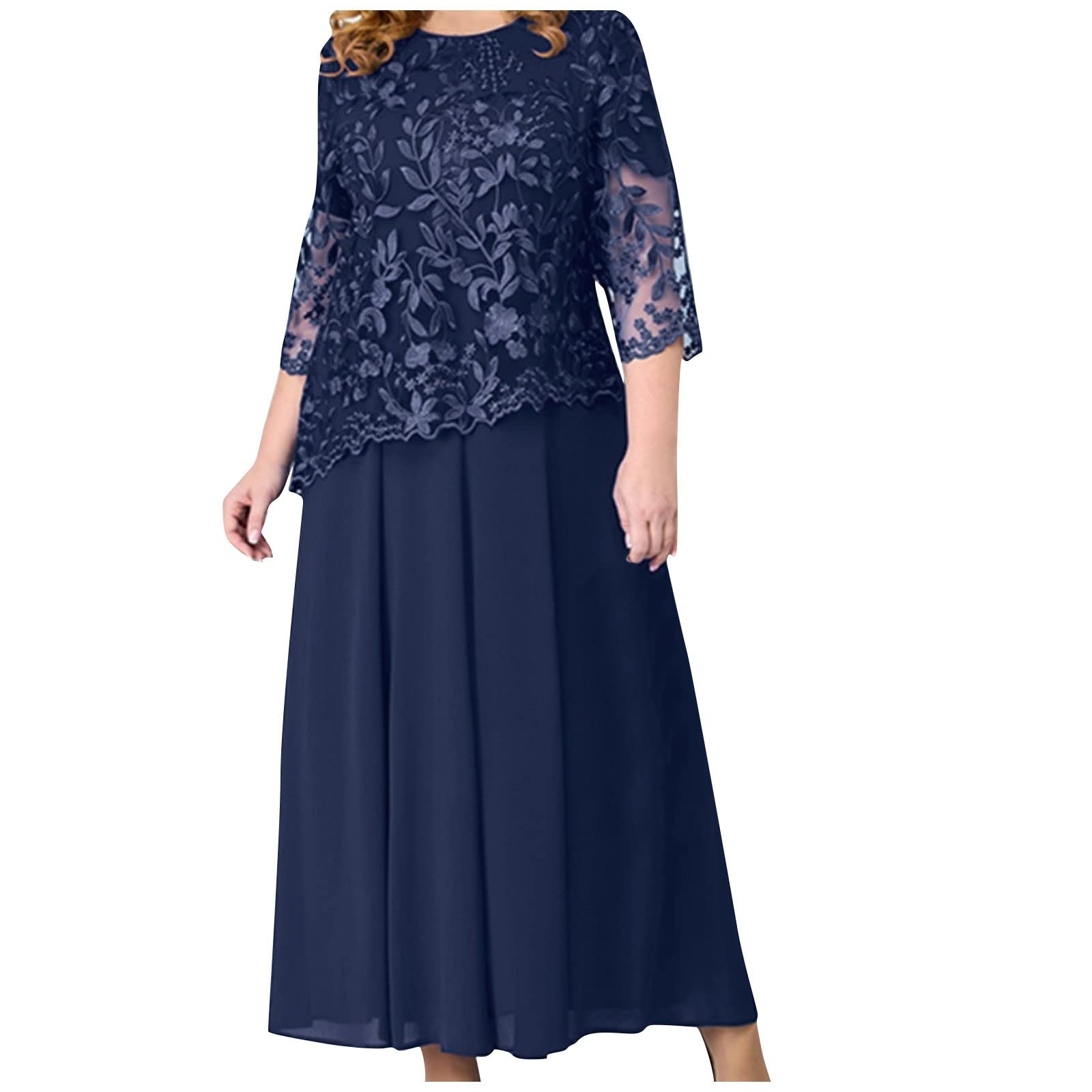 FUPODD Abendkleider Elegant Für Hochzeit Spitzenkleid Mit Lochstickerei Kleid Hochzeitsgast Brautmutterkleider Große Größen Lang Abendkleid Frauen Spitze Chiffon Cocktailkleid Festliche Kleider Maxi