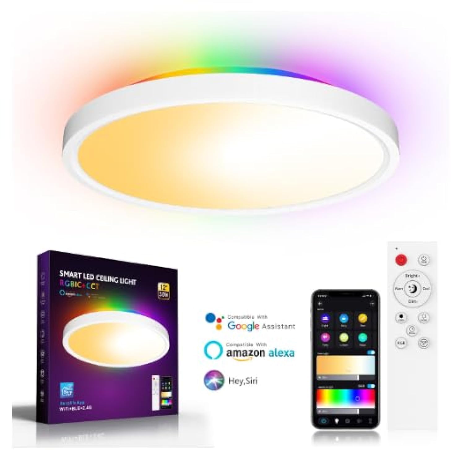 Smart Led Ceiling Light Flush Mount, 12 Inch RGB LED Ceiling Light Fixture 30W 2700-6500K, RGB Ambient Light Compatible with Alexa and Google Home Assistant
