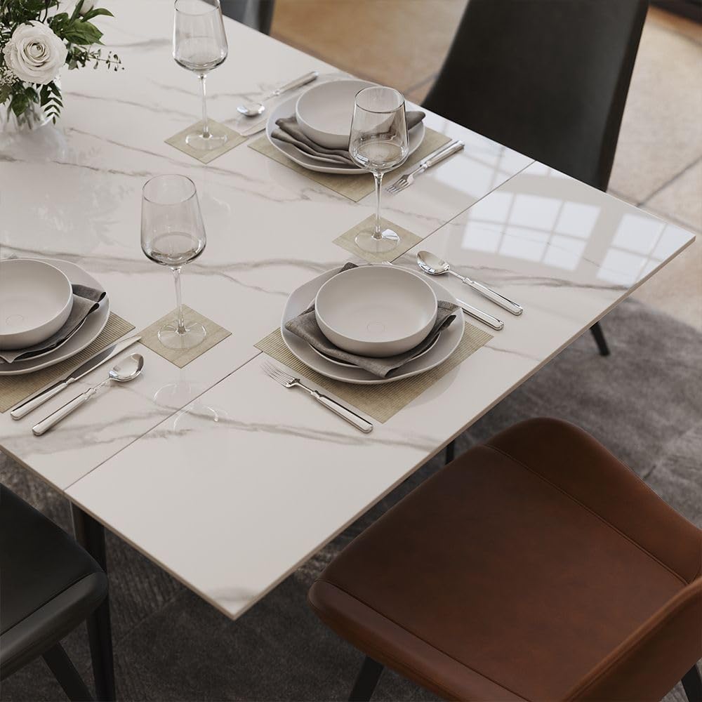 POVISON Dining Table Extendable Marble, Modern Expandable Dining Table for 4-8 People, 55"-79" Rectangular White Kitchen Table with Sintered Stone Faux Marble Tabletop (Only Table)
