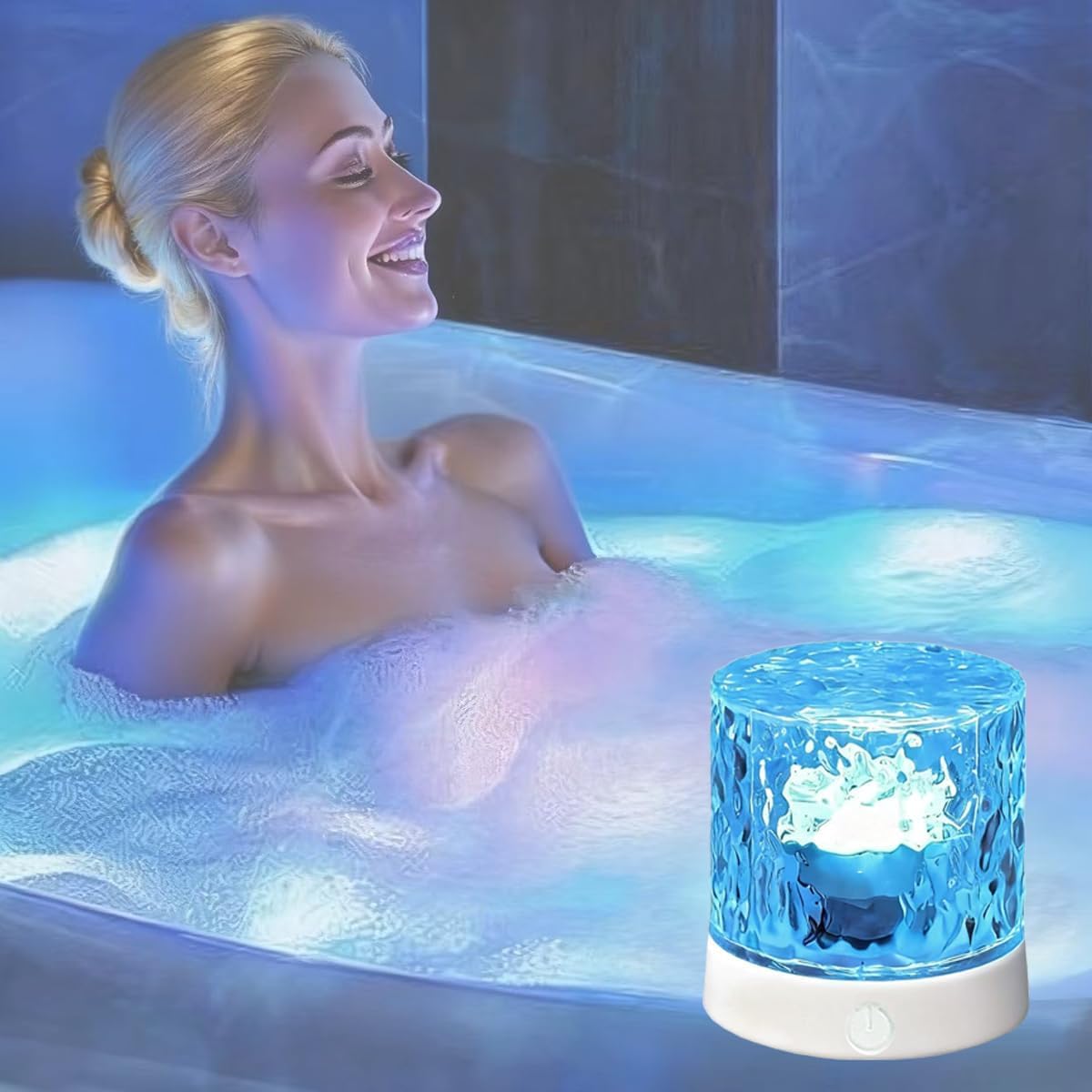 Cordless Rechargeable Shower Light with Ocean Wave Projection, 3D Water Ripple Effect for Bath Tub Spa, Battery Powered, Blue