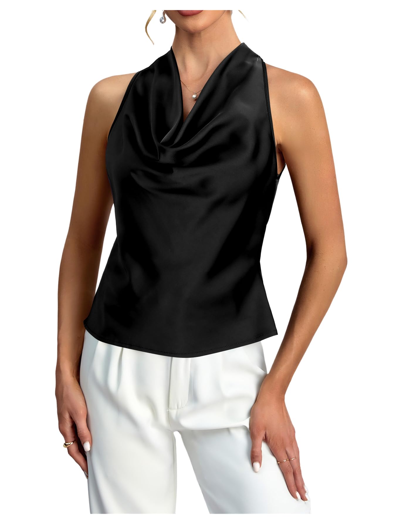 Women's Cowl Neck Halter Tops Sleeveless Tie Back Elegant Going Out Satin Blouses