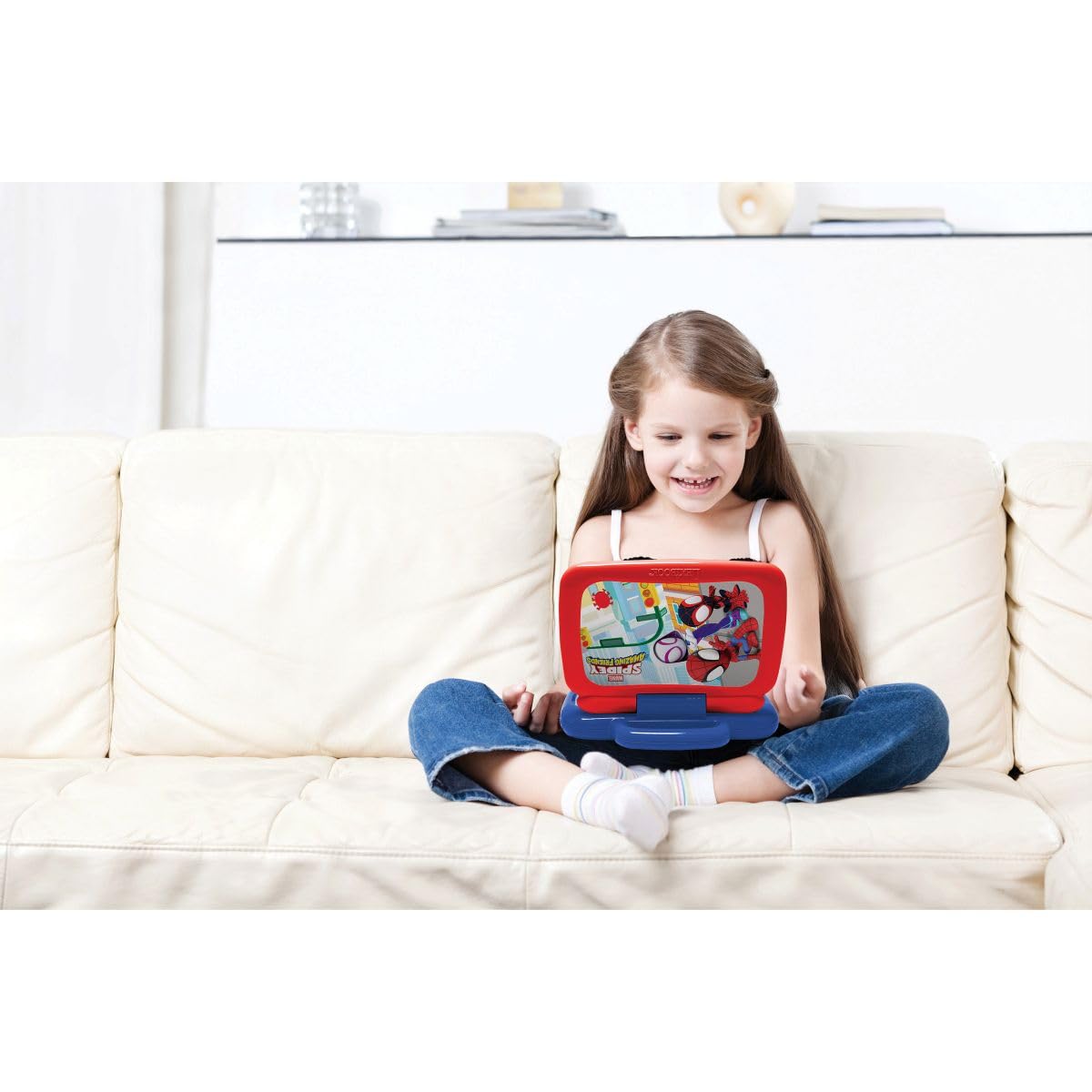 Lexibook, Spidey Bilingual JC398SPi3LXB - Ordenador de Aprendizaje con 40 Actividades, Ordenador Educativo en inglés/alemán, 3 Historias animadas, método de Lectura, Juegos y música, Azul/Rojo