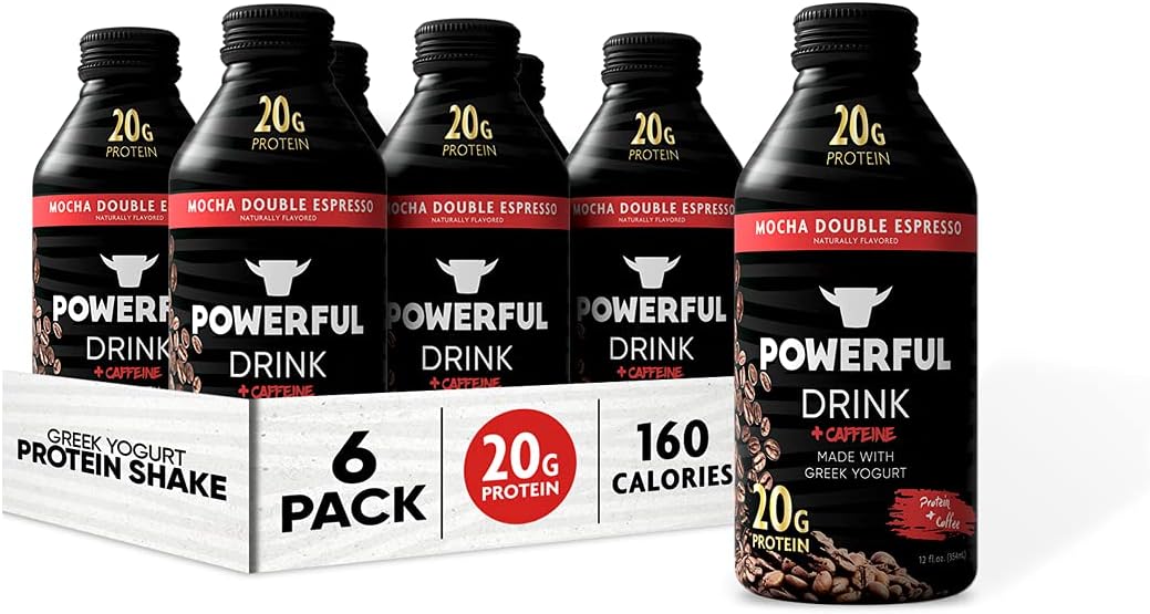 Powerful Foods, Protein Shake, 20g Protein, Greek Yogurt, Low Carb, Gluten Free, Kosher, Ready to Drink (Mocha Double Espresso, 12 oz, Pack of 6)