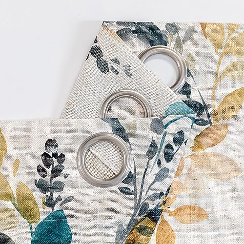 Image of MYSKY HOME 95 Inch Curtains Semi Sheer Linen Blended Window Curtain Panels for Living Room Light Filtering Privacy Protect Drapes Set Leaf Style Texture Soft Touch, 52 inch x 95 inch, Yellow and Blue, 2 Pcs