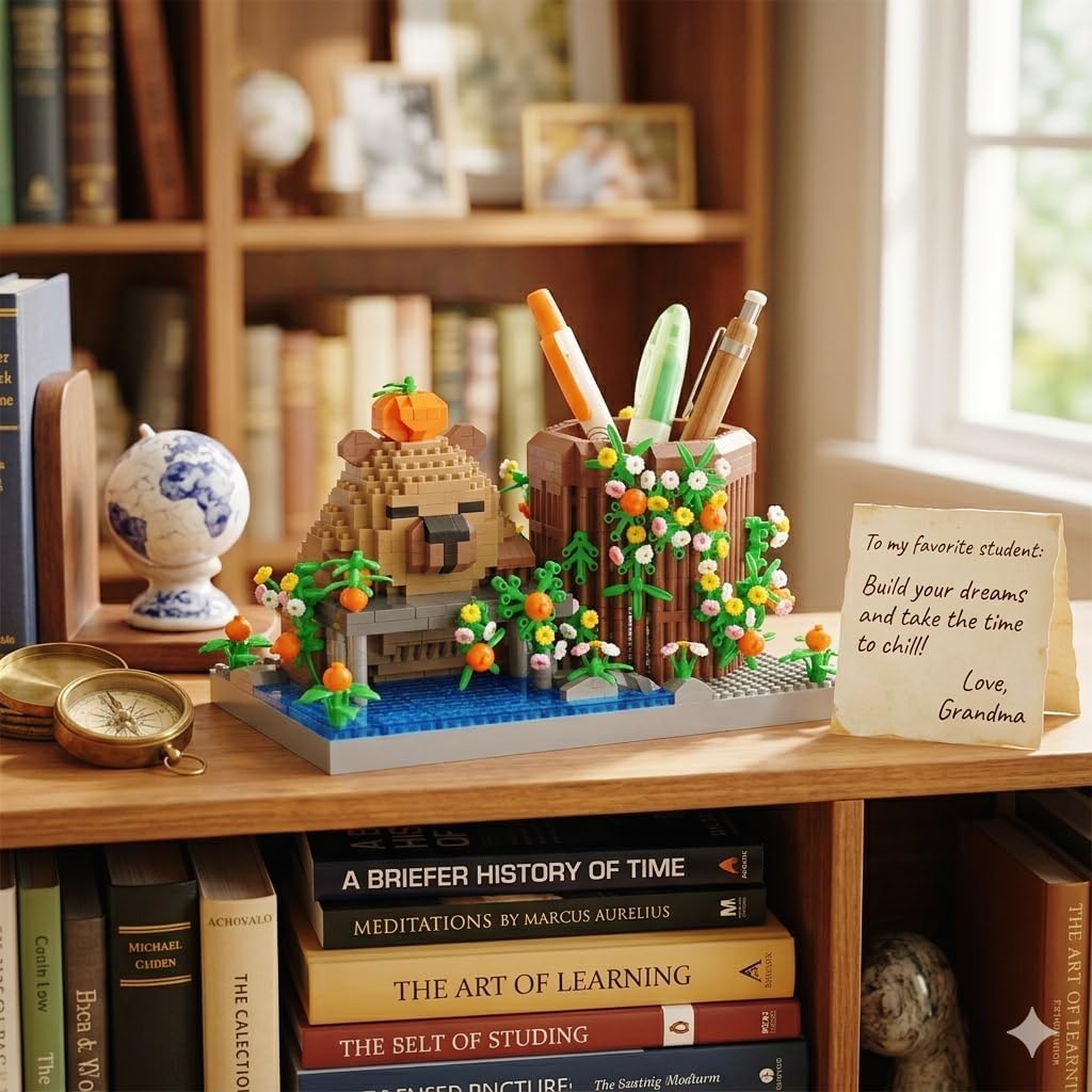 Reading Cute Capybara Desktop Decor - Micro Mini Building Block Toy Pen Holder, Animal Style with Flower, Perfect as a Gift Representing Love for Learning
