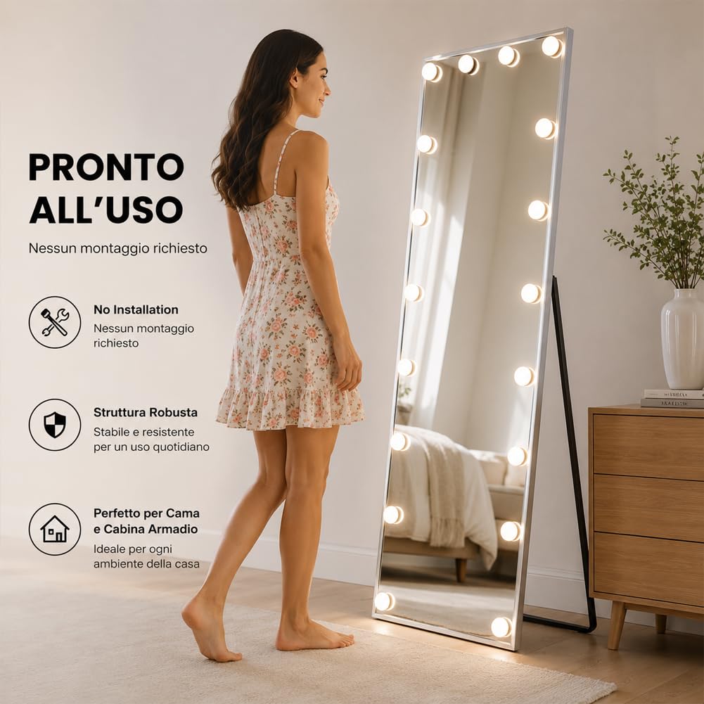 Shally Dogan Specchio XXL Hollywood Figura Intera Indipendente con Struttura in Alluminio con Led Bulbi a 3 Colori Dimmerabile, Bianco Caldo, Freddo e Neutro, Decorazione Interna 60 x 160 cm