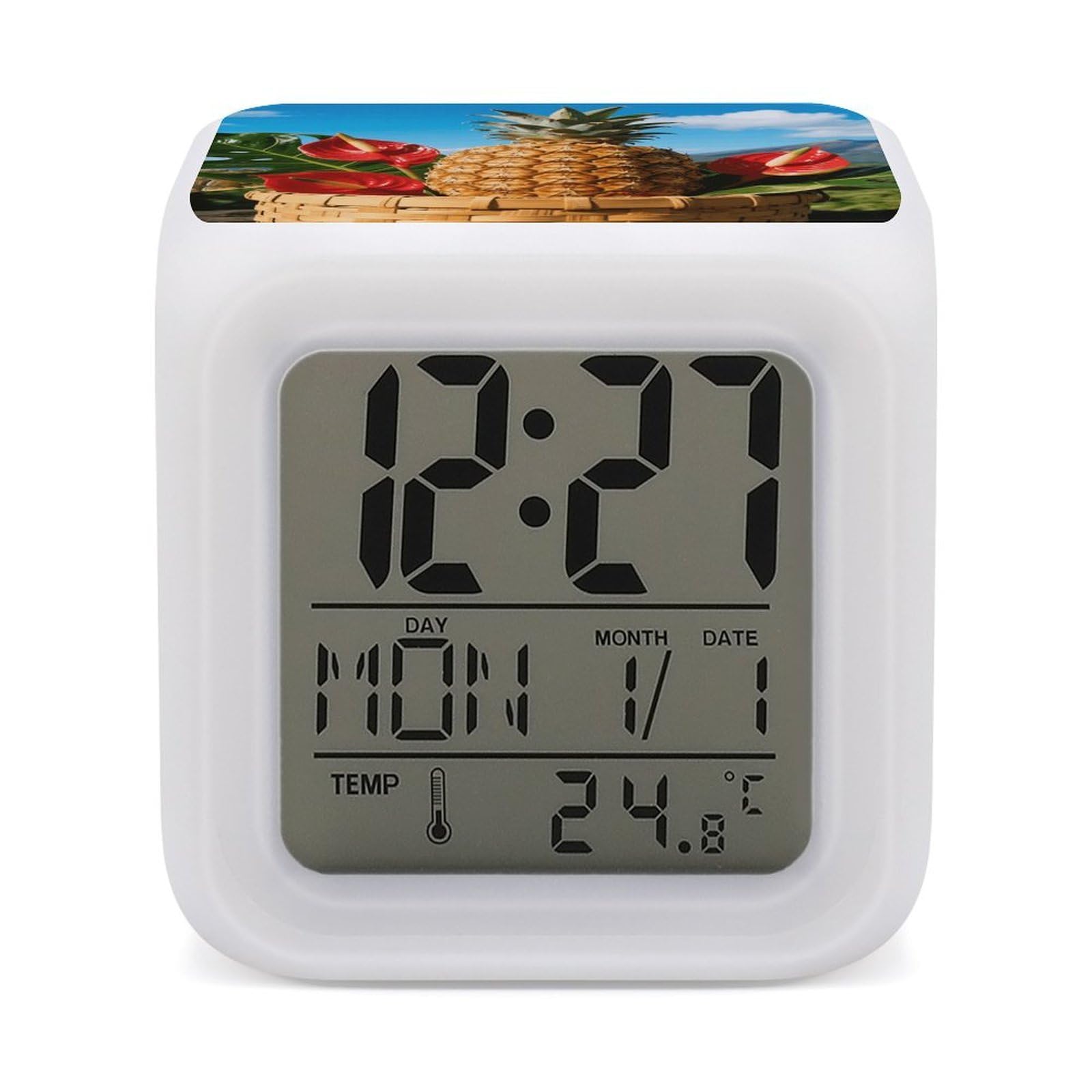 7 Color Ambient Night Light Cube Battery Operated Tropical Pineapple Digital Clock with Snooze Temperature LED Digital Alarm Clocks Dimmable Wake Up Light Portable Mood Lamp for Bedroom Desk Gift