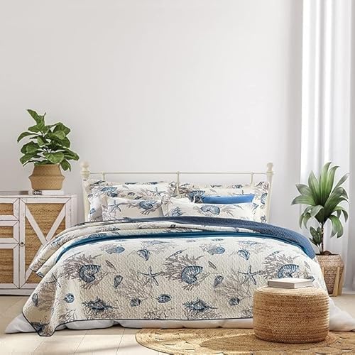 LIVILAN Nautical Theme Bedspread 3-Piece Reversible Queen Quilt Set, Cotton Fabric All-Season Coastal Beach Quilts Coverlet Set, Navy Blue Quilt (90 X 98 '') 2 Pillowcases (20 X 27'')