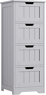 FOTOSOK Bathroom Storage Cabinet, Bathroom Cabinet with 4 Drawers, 11.8” x 11.8” x 32.5” Freestanding Entryway Cupboard Storage Organizer Unit Home Furniture Decor, Grey