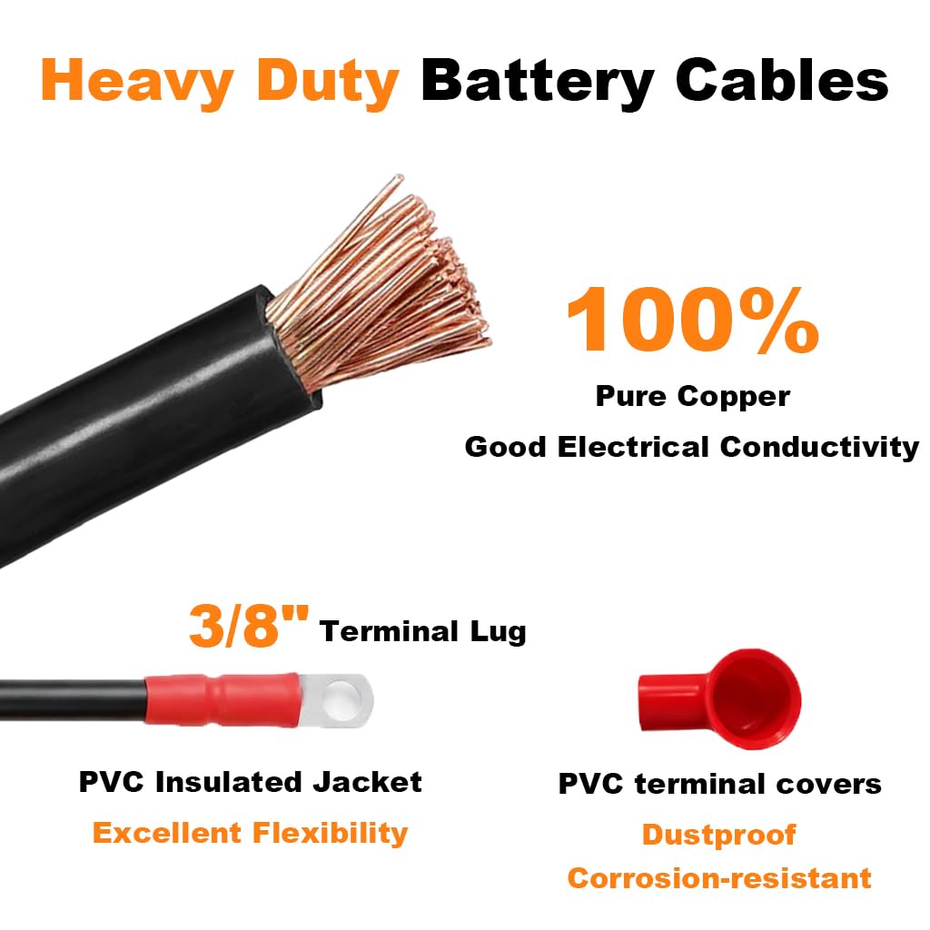 4 AWG Battery Cable 2FT -24Inch, 4 Gauge Copper Battery Inverter Cables with 3/8 Ring Terminals for Solar, RV, Truck,Car (Black & Red)