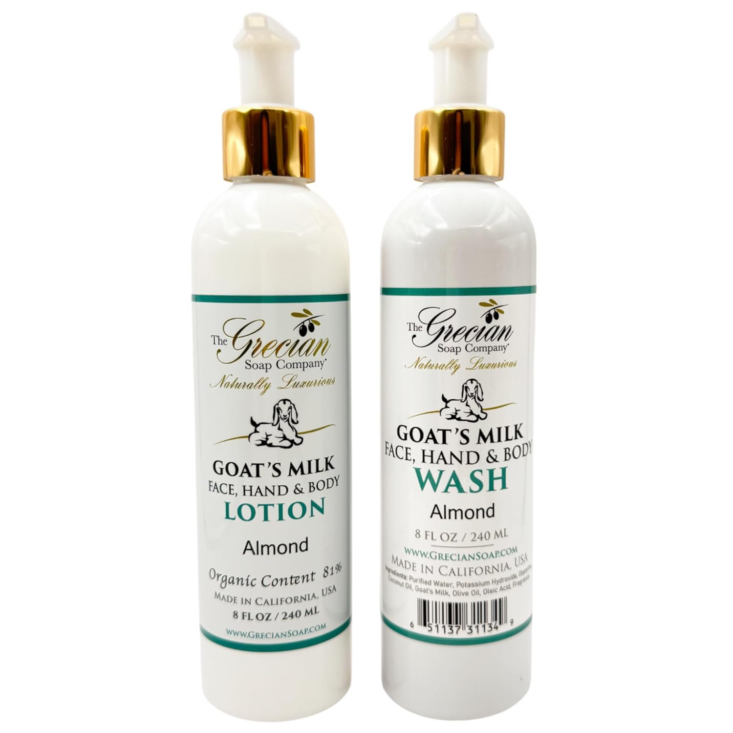 The Grecian Soap Company Goat Milk Lotion & Body Wash Set – Almond Scent, 8oz Each – Body Lotion & Face Wash, Moisturizing Skin Care Set for All Skin Types, Hydrating Skincare