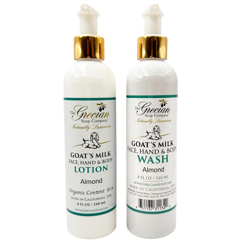 The Grecian Soap Company Conjunto de Loção e Sabonete Líquido Corporal com Leite de Cabra, fragrância de amêndoas, 2 unidades de 240 mL