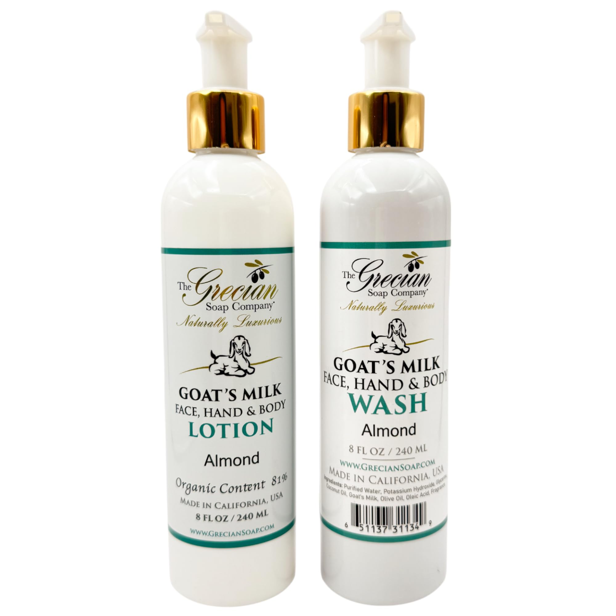 The Grecian Soap Company Goat Milk Lotion & Body Wash Set – Almond Scent, 8oz Each – Body Lotion & Face Wash, Moisturizing Skin Care Set for All Skin Types, Hydrating Skincare