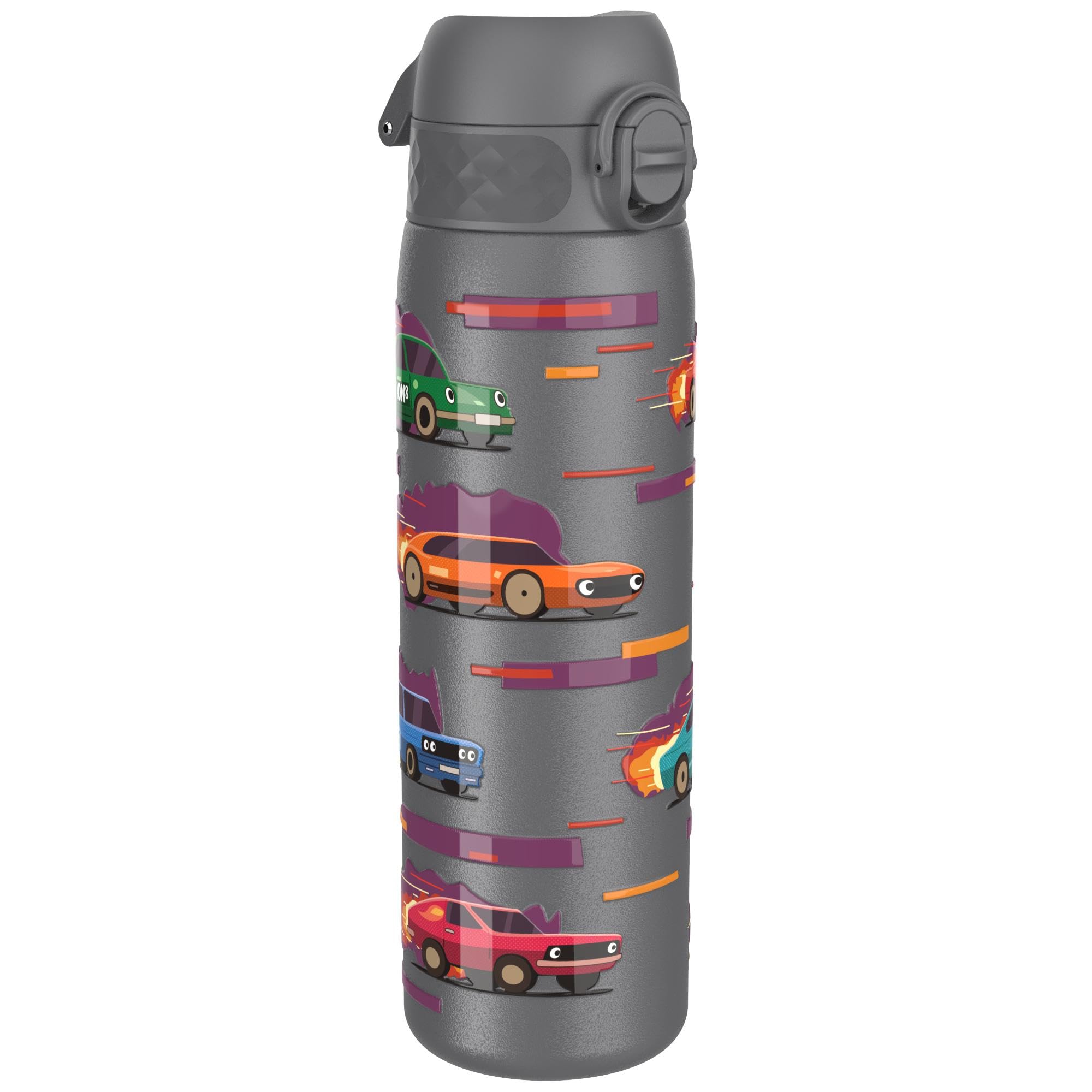 Ion8 Lightweight Steel Water Bottle, 600 ml/20 oz, Non-Insulated, Leak Proof, Easy to Open, Secure Lock, Dishwasher Safe, Flip Cover, Fits Cup Holders, Carry Handle, Metal Water Bottle, Sports Cars