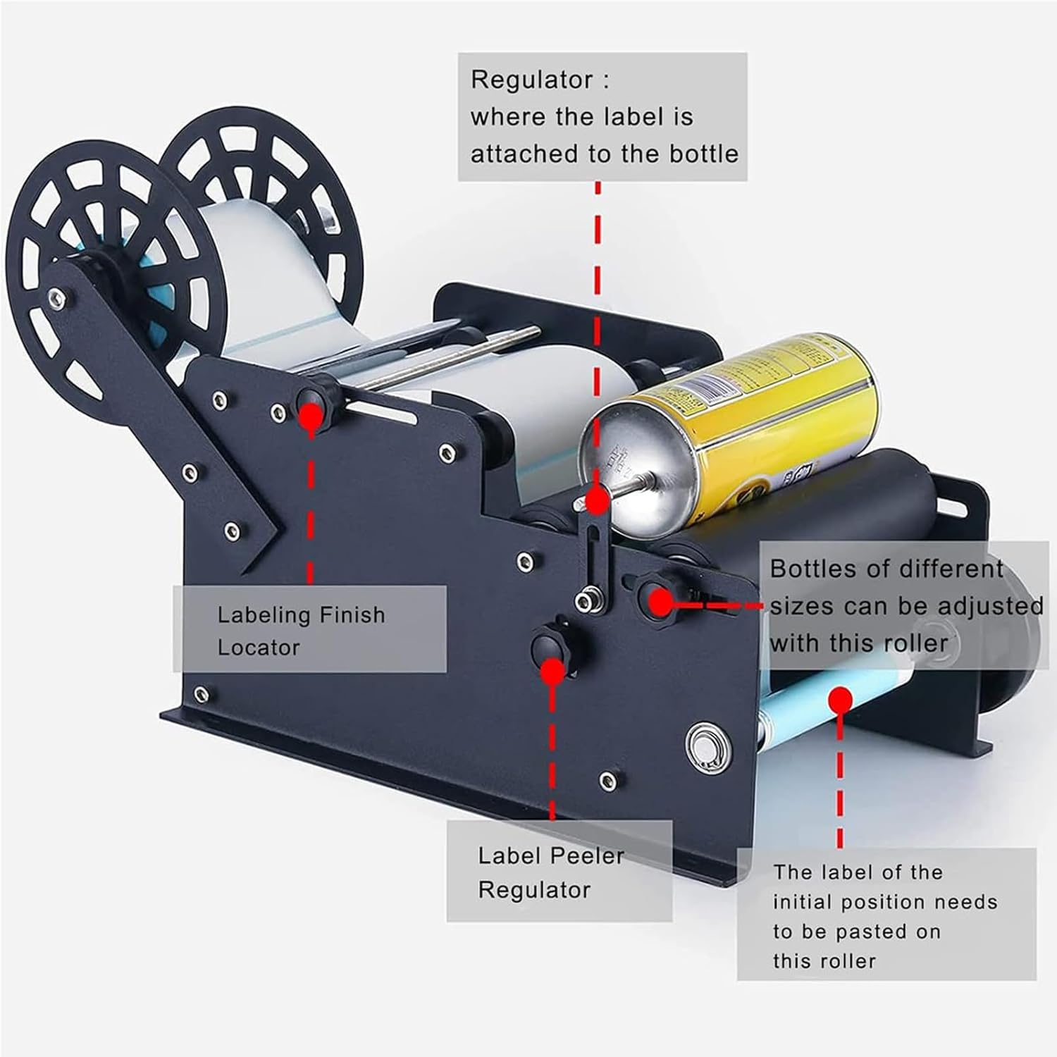 Etichettatrice semiautomatica per bottiglie rotonde, 30 volte/min, applicatore di etichette regolabile per bottiglie da 15-120 mm