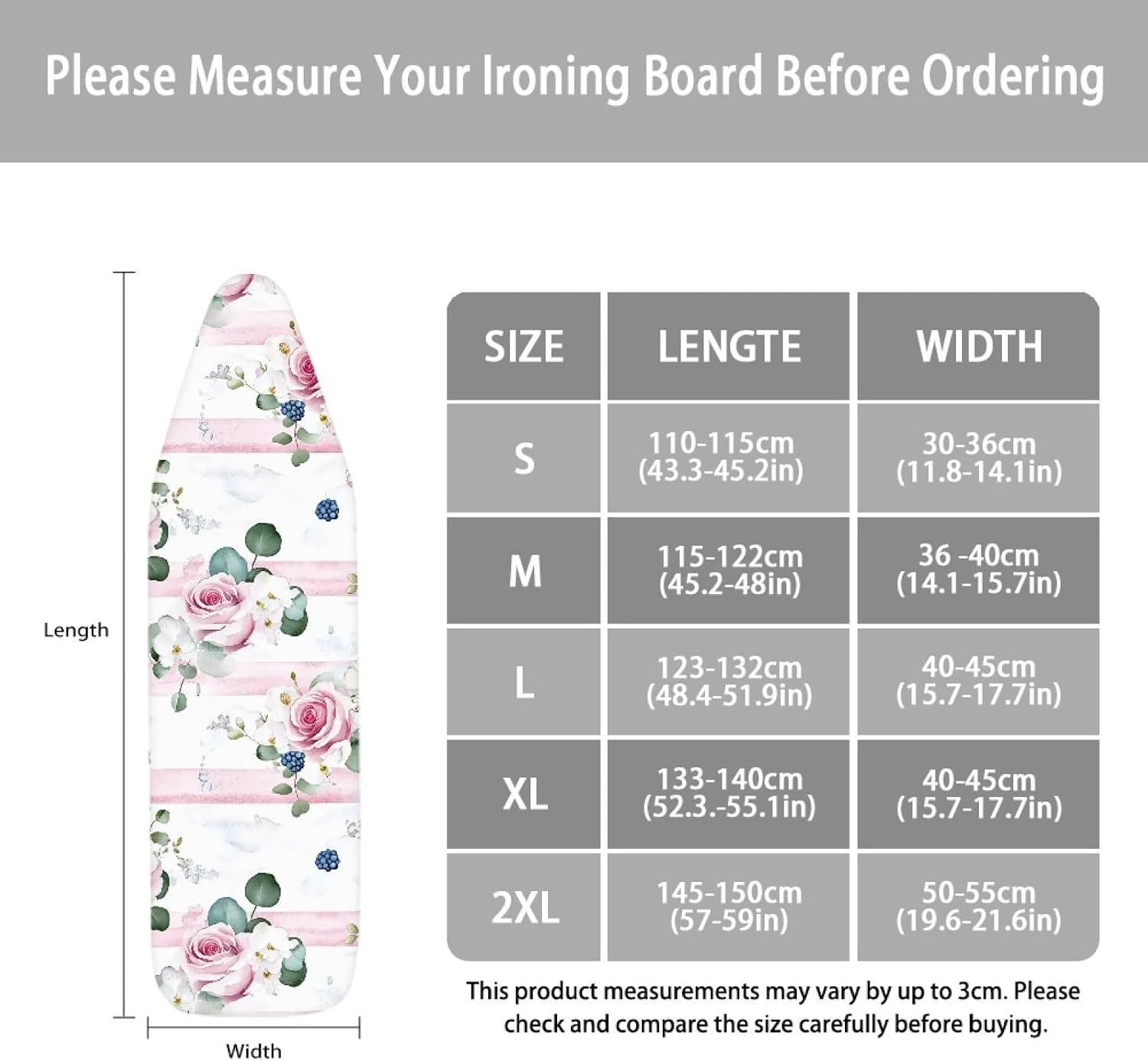 Ironing Board Cover 14x48 Rose Pink Grey Iron Board Cover with Padding Heat Reflective,Scorch Resistant Thick Padding,Snug Fit Non-Slip Nose Pocket Fastener Straps Elastic Edges
