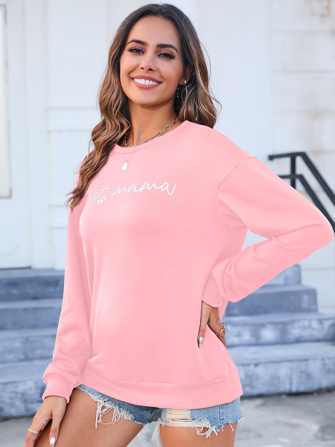 Women's Crewneck Sweatshirts Loose Fit Cat Mom Long Sleeve Shirts Funny Fall Pullover Sweatshirt Blouse - Image 4