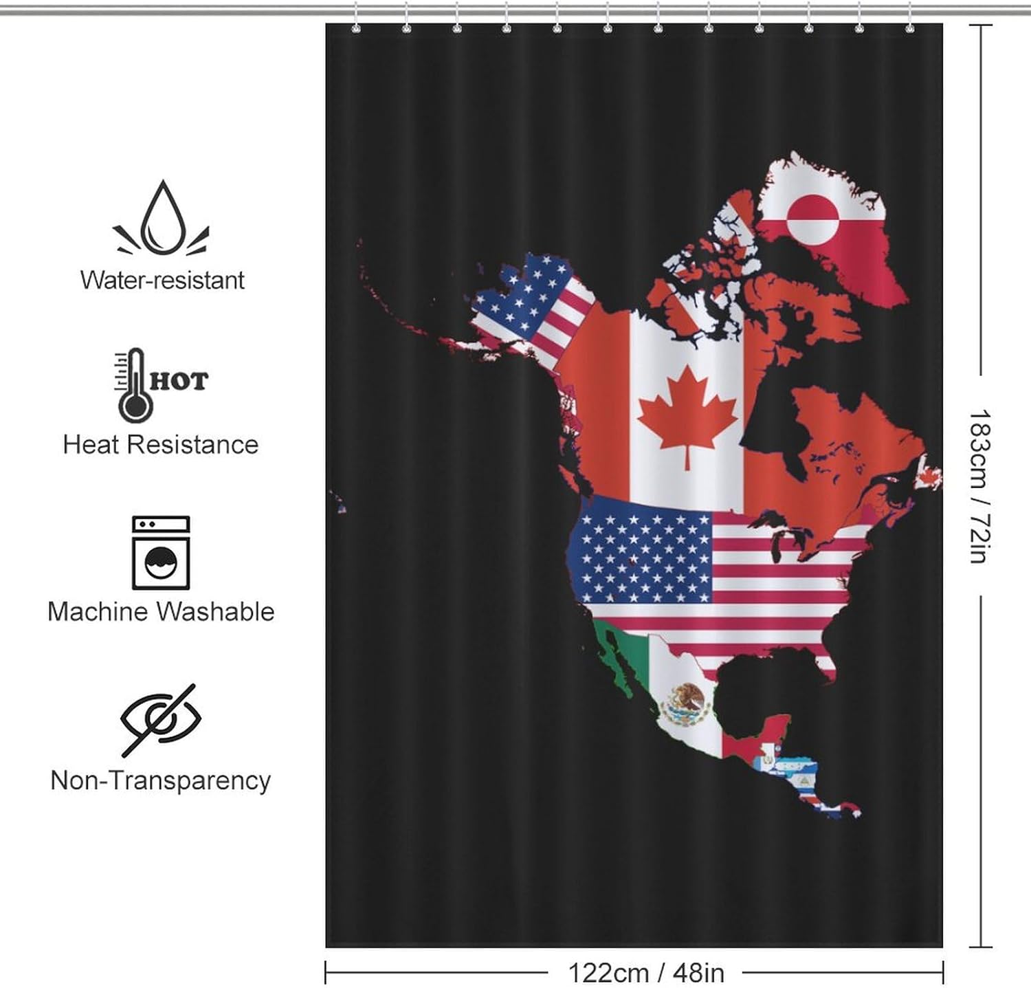 Flag Map of North America Funny Shower Curtains Washable Bath Curtain Liner with Hooks for Bathroom Bath Tubs