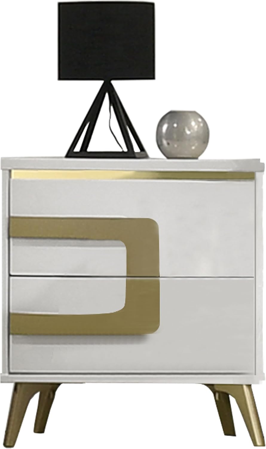 Kings Brand Furniture Claire Wooden 2-Drawer Nightstand - Bedside Table, White/Gold