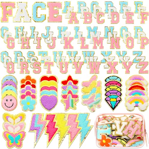 Chenille Letter Patches, Classic Style, White, Light Pink, Aqua Blue