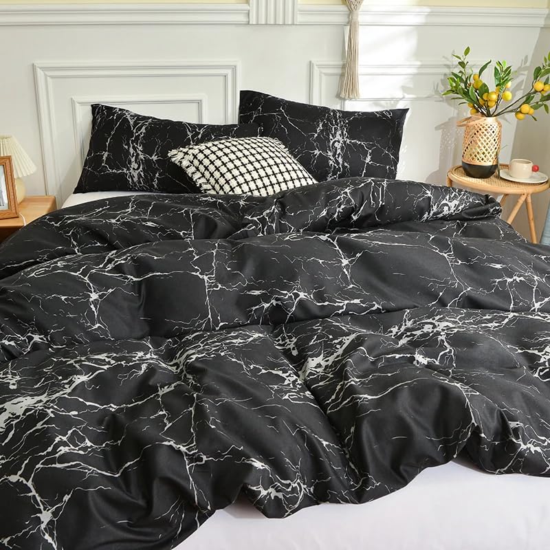 Housse de couette en marbre noir anti-plis parure reversible 240x220 lavable en machine