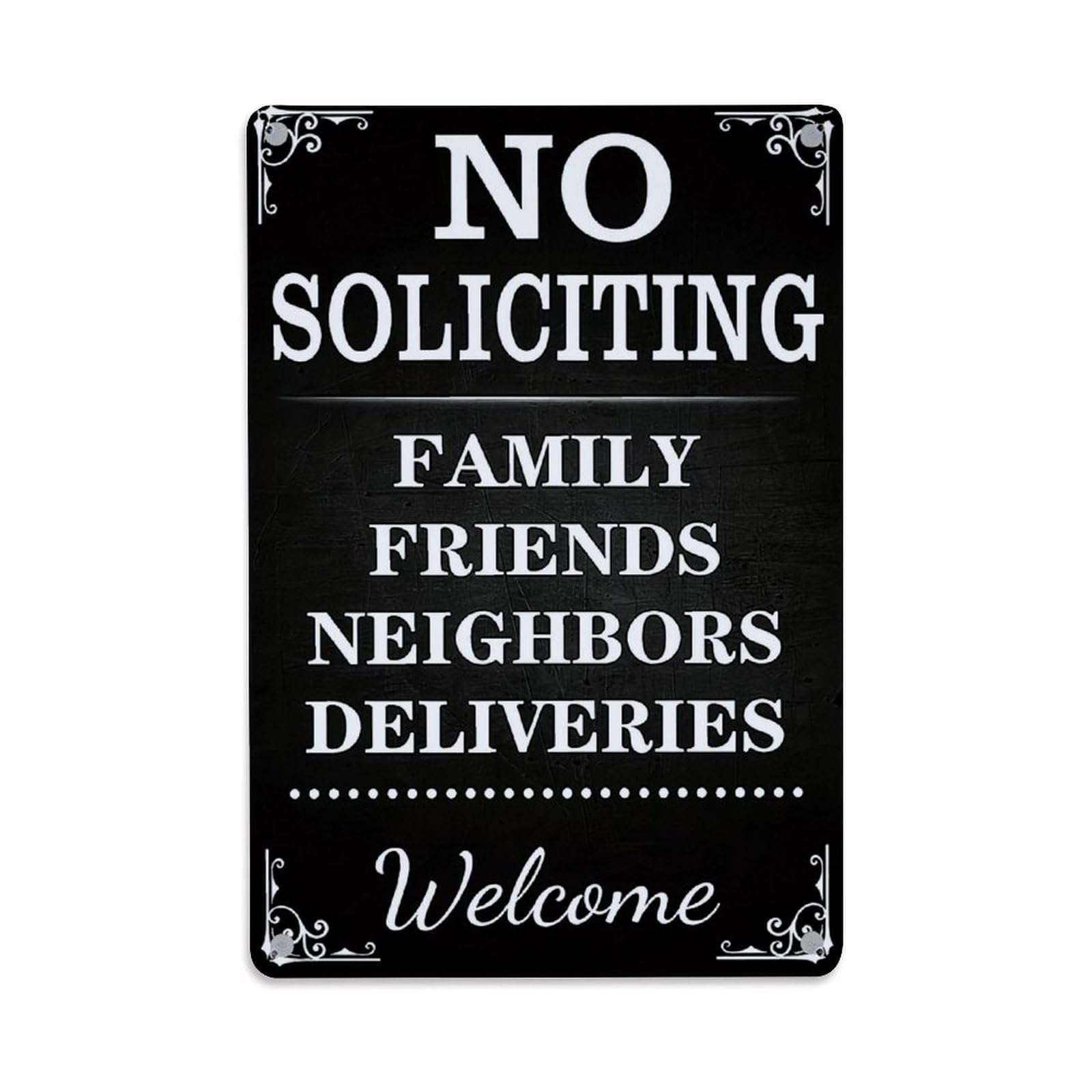 Nestemfo Vintage No Soliciting Family Friends Neighbors Deliveries Welcome Sign Tin Sign Metal Sign, Living Room,Bar, Home, Bedroom Wall Decor,Retro Metal Poster 8X12 Inches