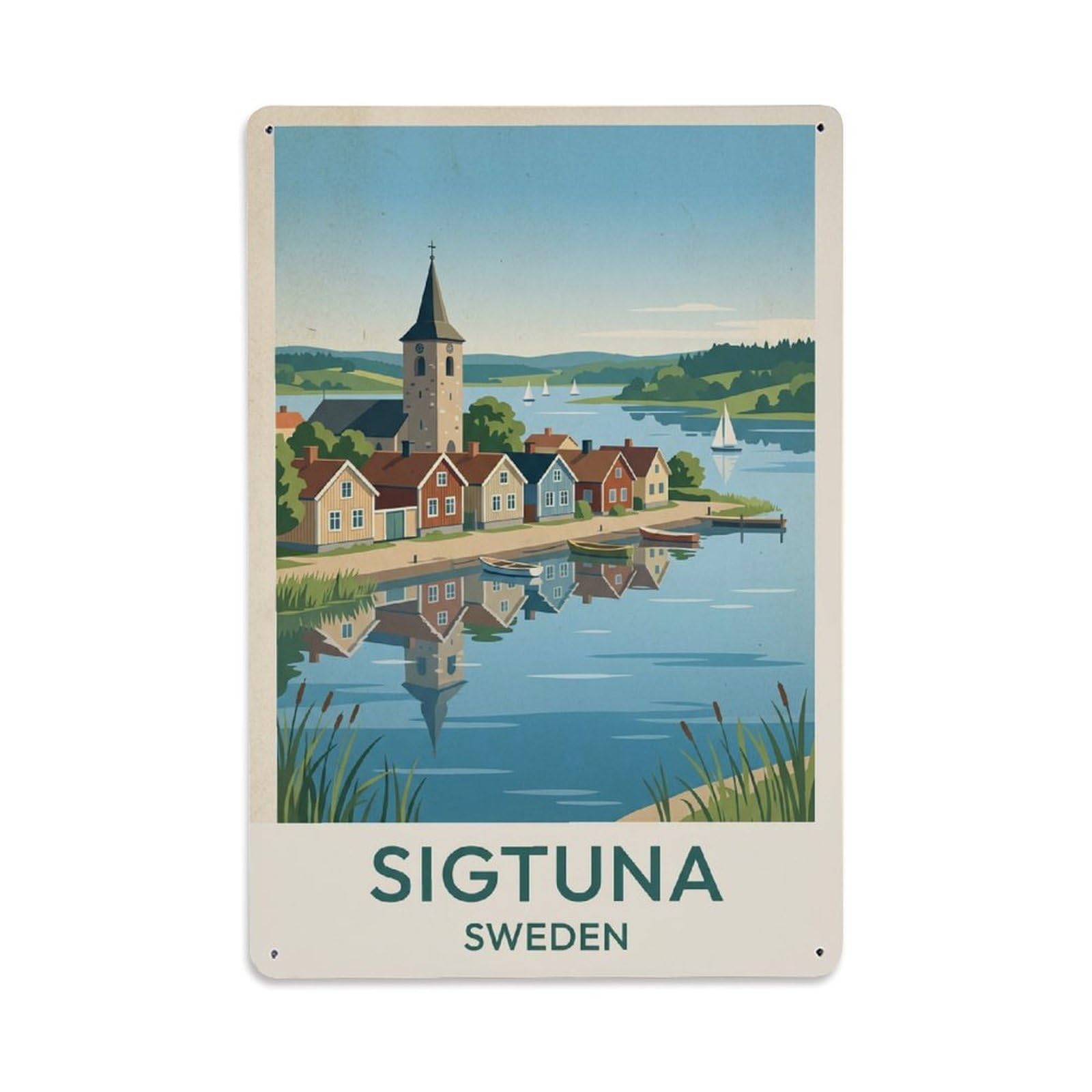 Vintage Travel Sigtuna Sweden Waterfront Metal Tin Sign