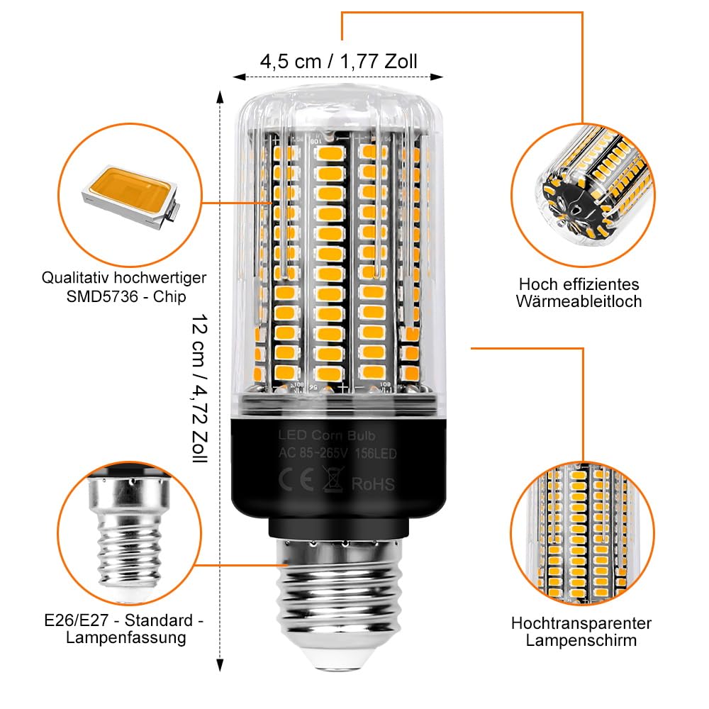 WENNI 6er-Pack E27 Mais LED Lampe Warmweiß 3000K Glühbirnen 156Leds Maiskolben 85-265V Energiespar Leuchtmittel Deckenlampe 2 Jahre Garantie für Küche Schlafzimmer 12W Tatsächliche Leistung