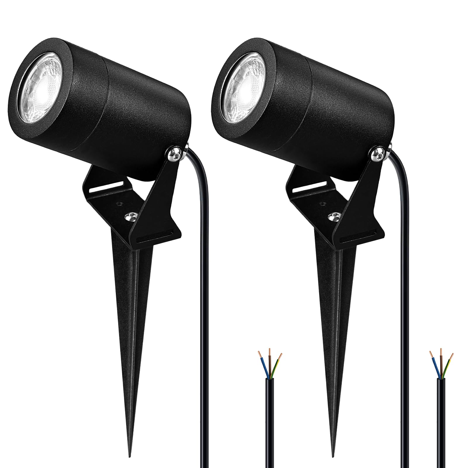 JNR Edelstahl LED Gartenbeleuchtung mit Strom und Erdspieß, Schwarz 2 Pack | IP65 Wasserdicht Gartenlampen für Draußen Strom mit 2M Kabel Kein Stecker, Gartenleuchten 5W GU10 3000K Warmweiß Glühbirne