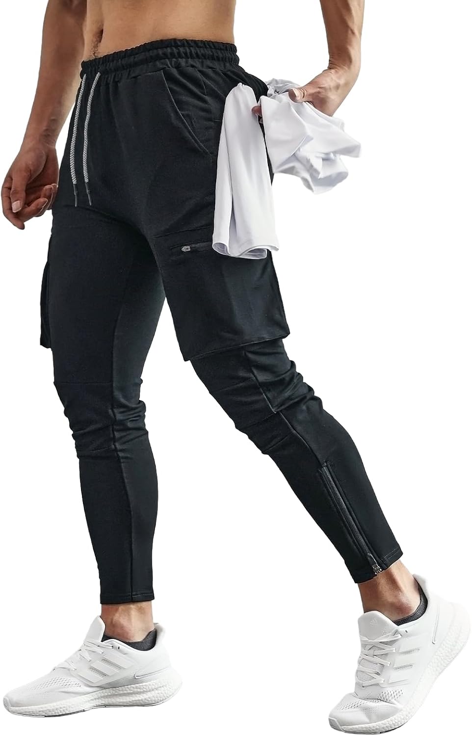 Mens Workout Sweatpants Cargo Jogger Pants Athletic Track Pants with Zipper Pockets